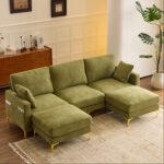 Ktaxon U-Shaped Sofa with 2 Removeable Ottoman Footrests, Flannel Deep Seating Couch for 3, Converts to Sleeper for Bedroom Living Room Furniture Green