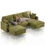 Ktaxon U-Shaped Sofa with 2 Removeable Ottoman Footrests, Flannel Deep Seating Couch for 3, Converts to Sleeper for Bedroom Living Room Furniture Green - Image 7