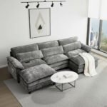 Howcool 113" Modular Sectional Sofa , 3 Seater U-Shaped Cloud Couch with Movable Ottoman, USB Charging Ports & Side Pockets, Sectional couchs for Living Room,Ch