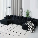 SOULART 130" Black U L-Shaped Modular Sectional Couch, U-Shaped Sofa with Chaise Lounge, Striped Corduroy Upholstered 4-Seater Sofa with Pillow Back and Square