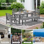 KINGYES 7-Piece Outdoor Dining Set, HDPE Patio Table and Chairs with Umbrella Hole, Gray - Image 8
