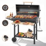 Charcoal Grill Outdoor Barrel Grill, 30 inch BBQ Grill with Warming Rack & Foldable Side Shelf, Offset Smoker Grill with Thermometer for Outdoor Cooking, Black