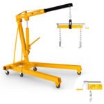 Hydraulic Car Hoist, Yellow Folding Vehicle Crane, Portable Hydraulic Engine Lift, 2 Ton, 360° Steel Wheels, for Auto Repair, Industrial Shop, Equipment Maintai