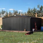 YODOLLA 14' x 12' Outdoor Storage Shed with Lockable Door Patio Metal Garden Storage Building in Dark Gray for Outside