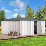 YODOLLA 14' x 12' Outdoor Storage Shed with Lockable Door Patio Metal Garden Storage Building in White for Garden, Outside& Backyard